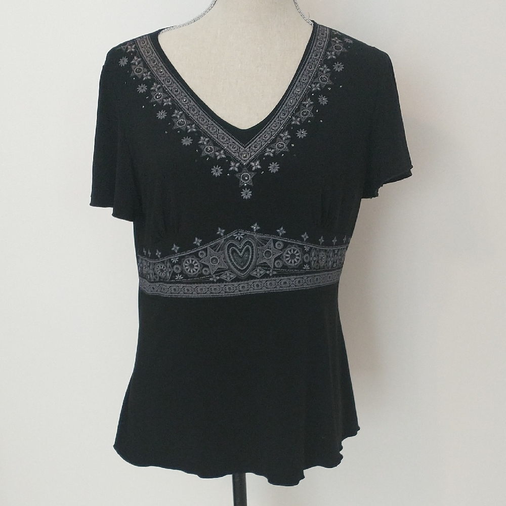 Dressbarn Black and Gray Patterned Blouse Size M